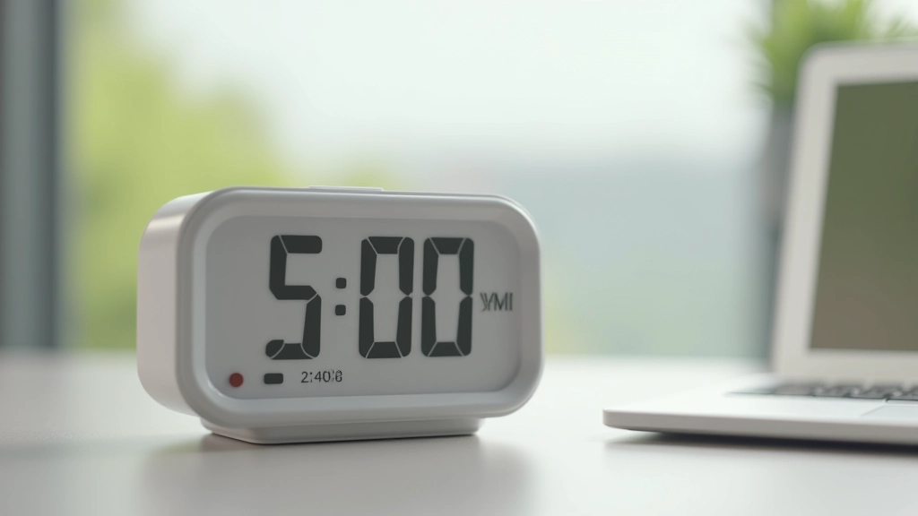 Digital clock showing work hours ending at 5pm, desk being cleared of work materials to establish physical boundaries