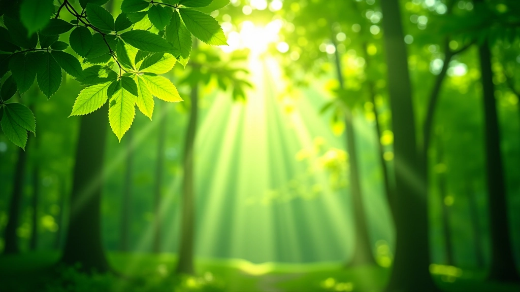 Sunlight filtering through forest canopy with green leaves and peaceful woodland scene