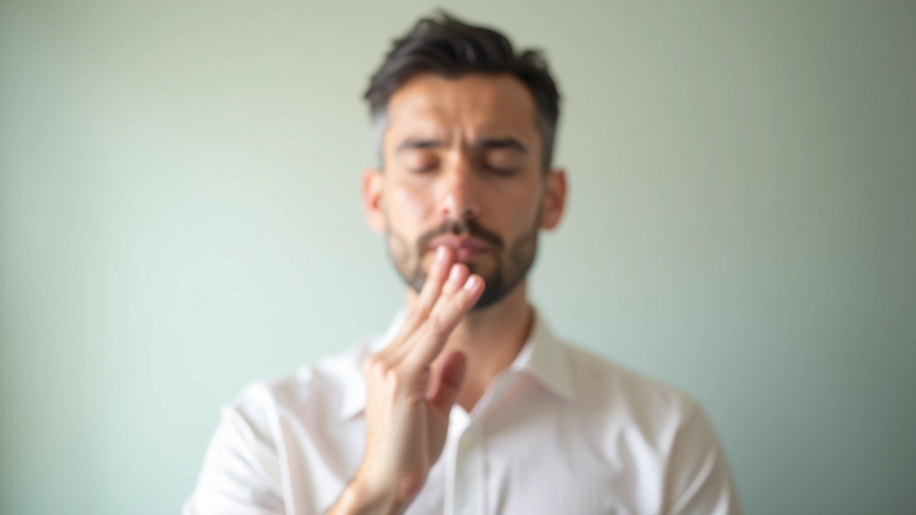 Person demonstrating hand position for nostril breathing with calm focused expression, seated comfortably in bright studio space