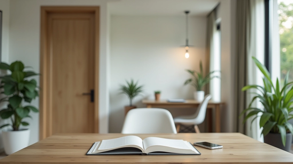 Home office space with closed door, work desk organized and separated from living area, showing clear physical boundary between work zone and personal space