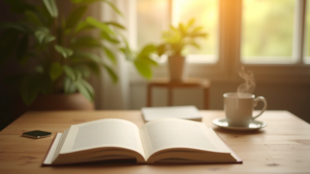 Calm workspace with open notebook, hot tea, and soft morning light through window, minimalist desk setup