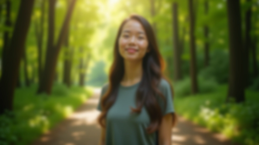 Person standing on forest path surrounded by trees, breathing fresh air in serene woodland setting