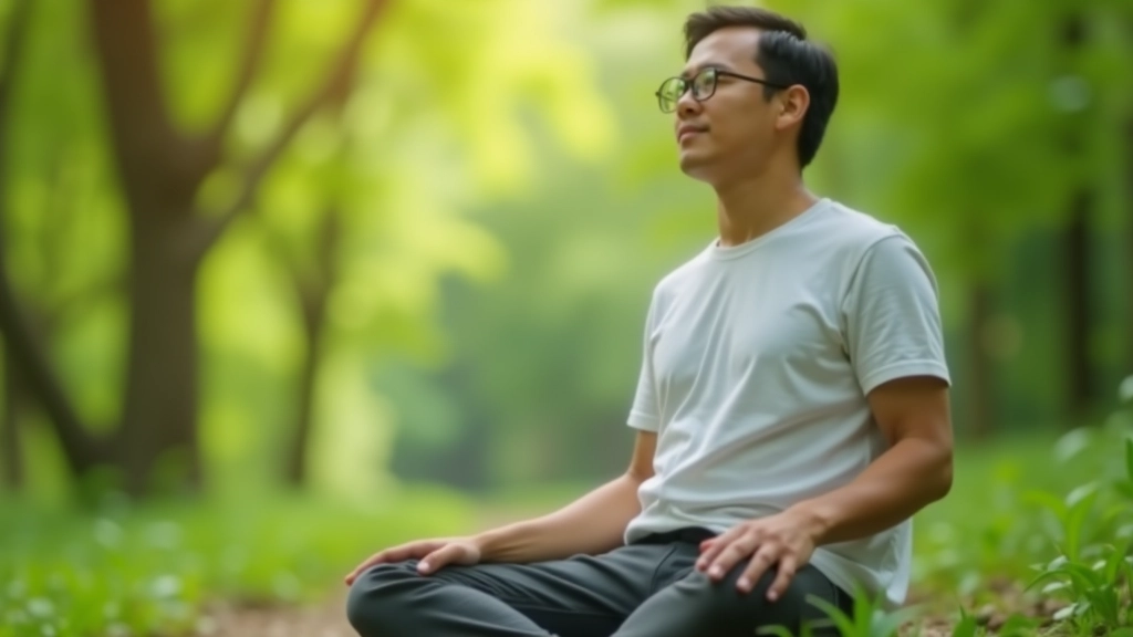 Person relaxing outdoors in nature with trees and green surroundings, peaceful outdoor setting