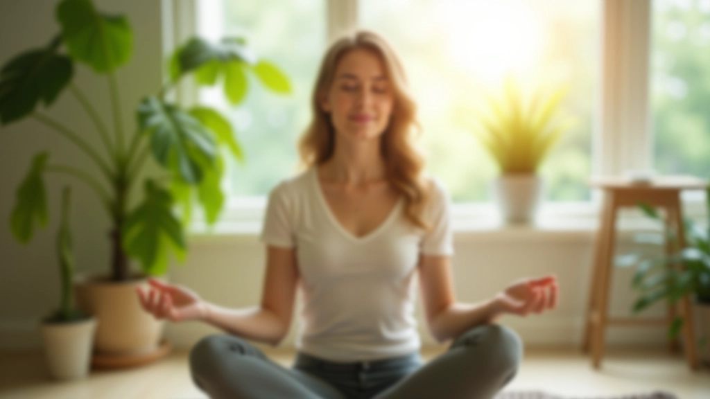 Person in meditation pose in bright home environment with natural lighting and calm atmosphere