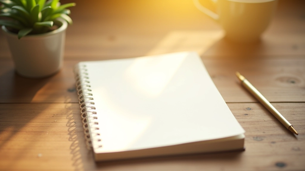 Notebook open on wooden table with pen, plants in background, warm afternoon lighting, peaceful atmosphere