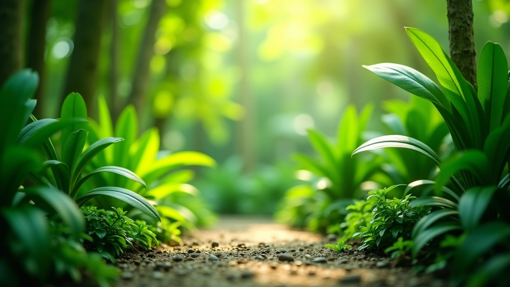 Tropical garden with diverse plants and vegetation in natural sunlight, lush green environment