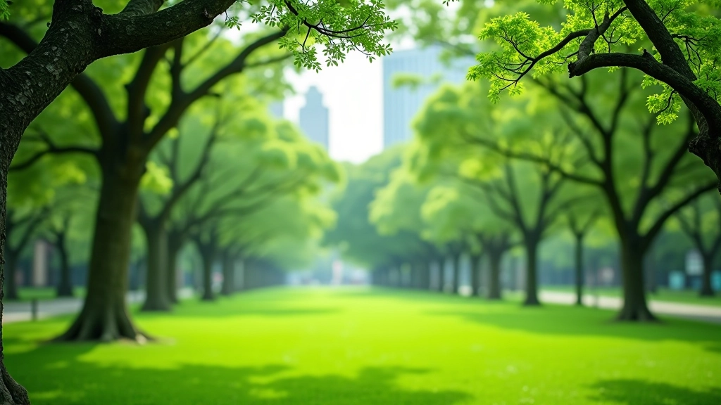 Urban park with green trees and grass surrounded by buildings, nature integrated into city environment