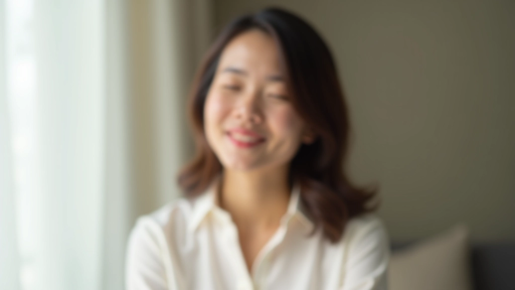 Close-up of person breathing deeply with peaceful expression, soft natural window light, hands resting calmly on lap