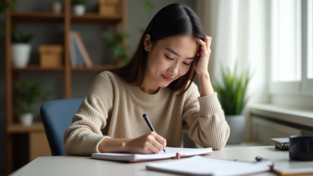 Person seated at desk with journal and pen, focused expression, natural light from window, organized workspace