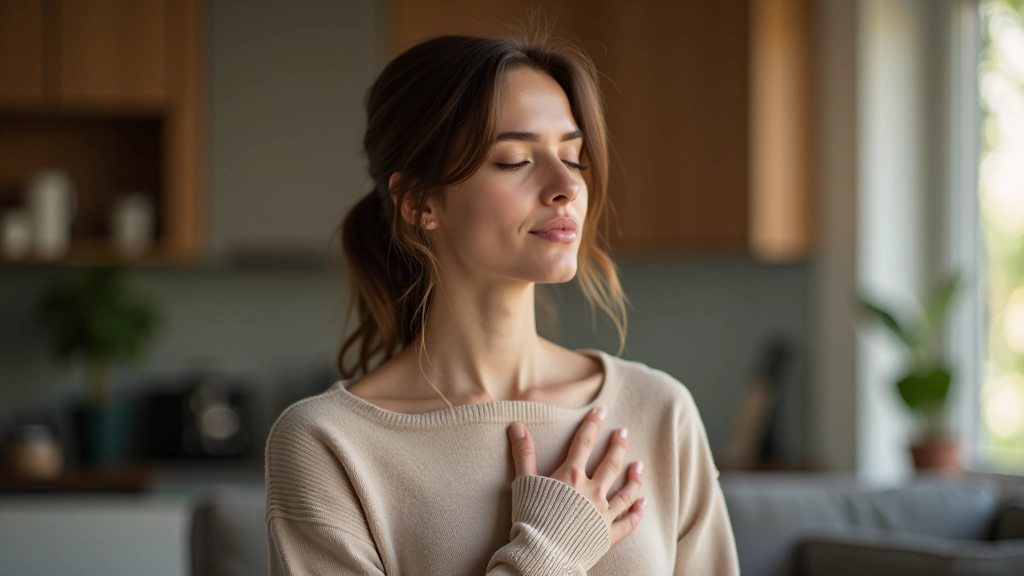 Woman practicing relaxation breathing technique with hand on chest, peaceful expression in modern home interior with natural light