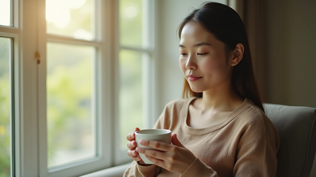 Woman sitting peacefully by a window with natural light, looking relaxed and calm, holding a warm cup of tea